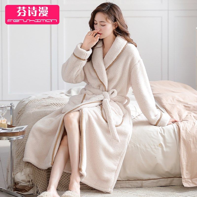 睡袍女冬季珊瑚绒加厚加绒长款浴袍女款睡衣秋冬款法兰绒成人浴衣