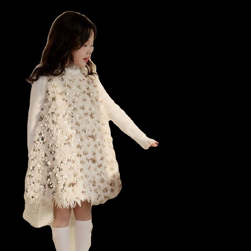女童连衣裙秋冬款儿童公主裙夹棉春秋表演礼服裙亮片流苏背心裙子