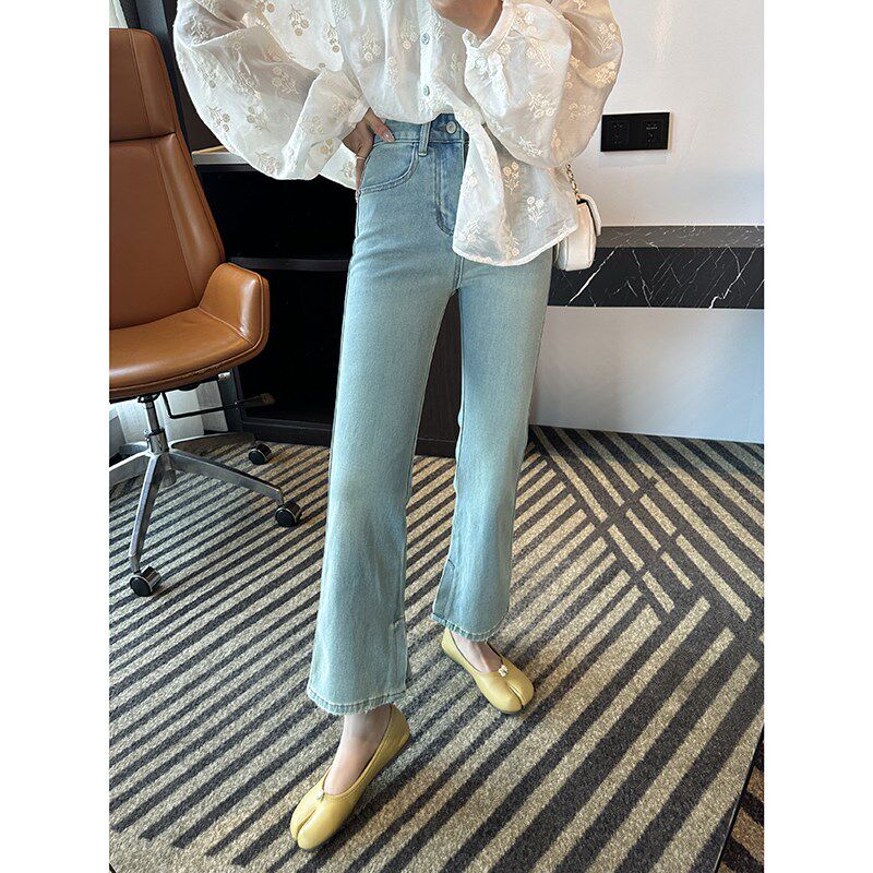 镇店王牌!!超薄内开叉直筒牛仔裤女浅蓝色宽松九分小个子微喇裤