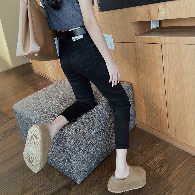 黑色加绒加厚牛仔烟管裤女高腰显瘦九分小个子直筒裤2024秋冬新款