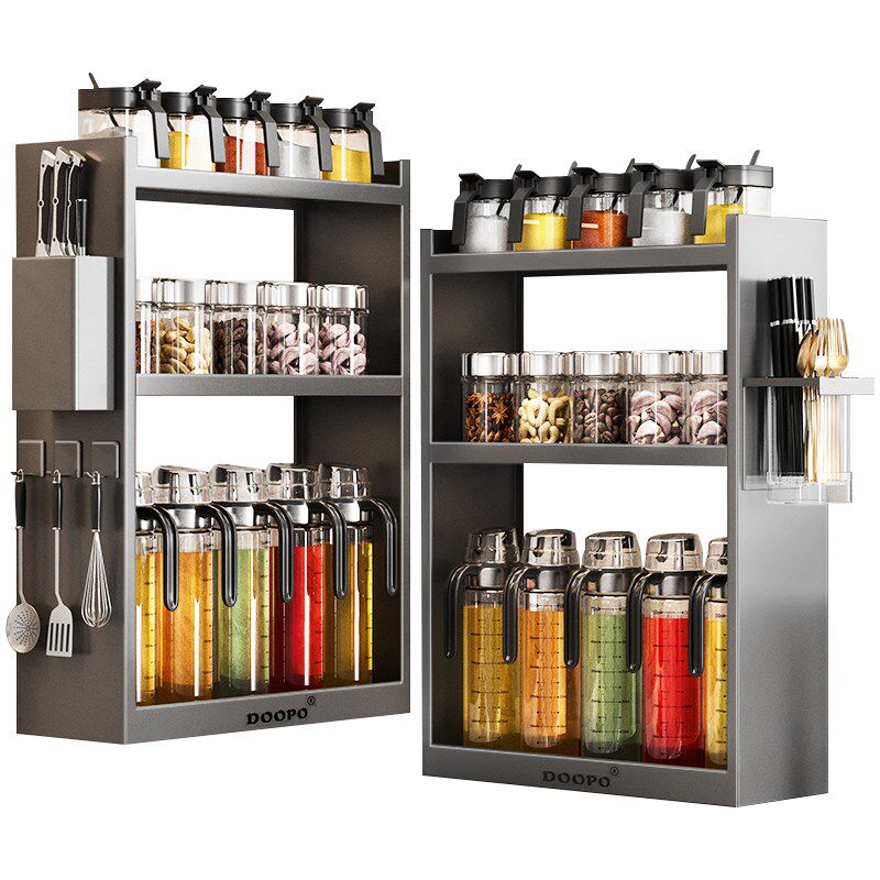 枪灰厨房置物架壁挂调料架上墙免打孔调味料用品多功能加宽收纳架