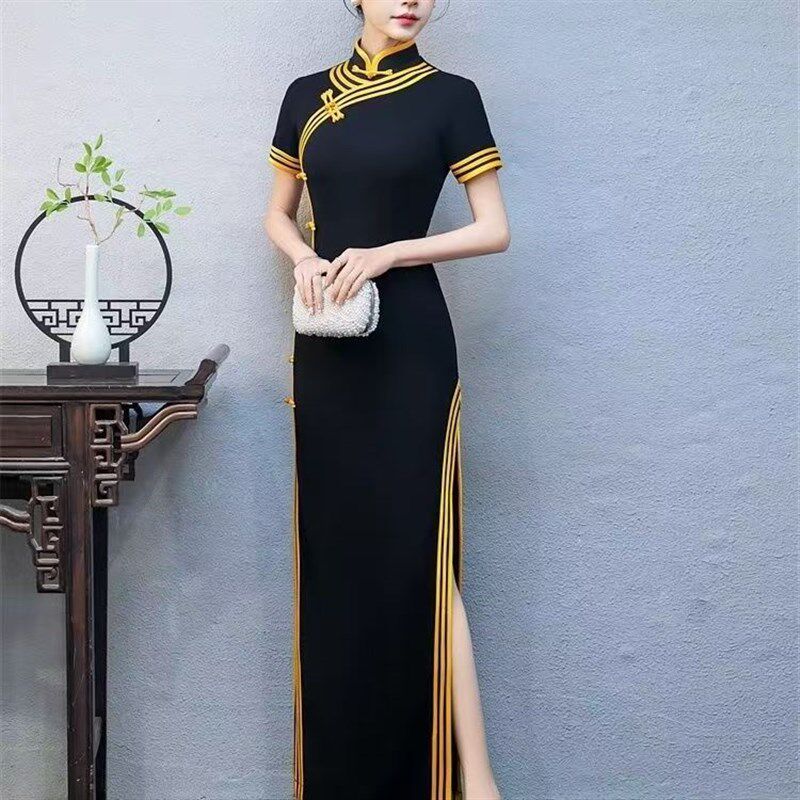 2025新款高端大气走秀长款旗袍中老年模特宴会舞台演出舞蹈服年轻