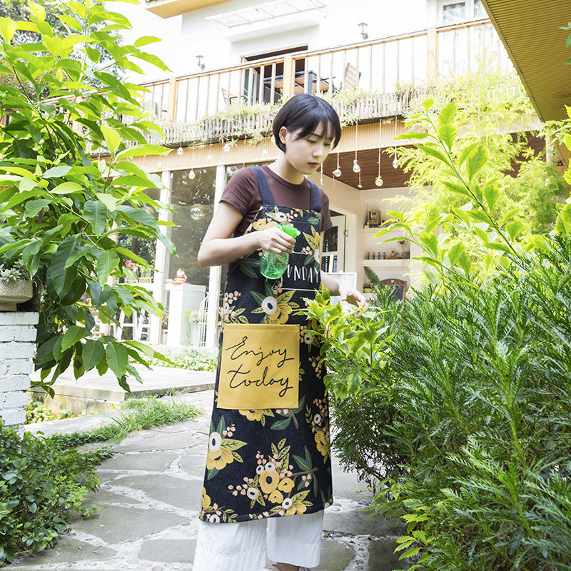 美式田园植物情侣无袖布艺家居厨房烘焙围裙做饭男女围腰厨师罩衣