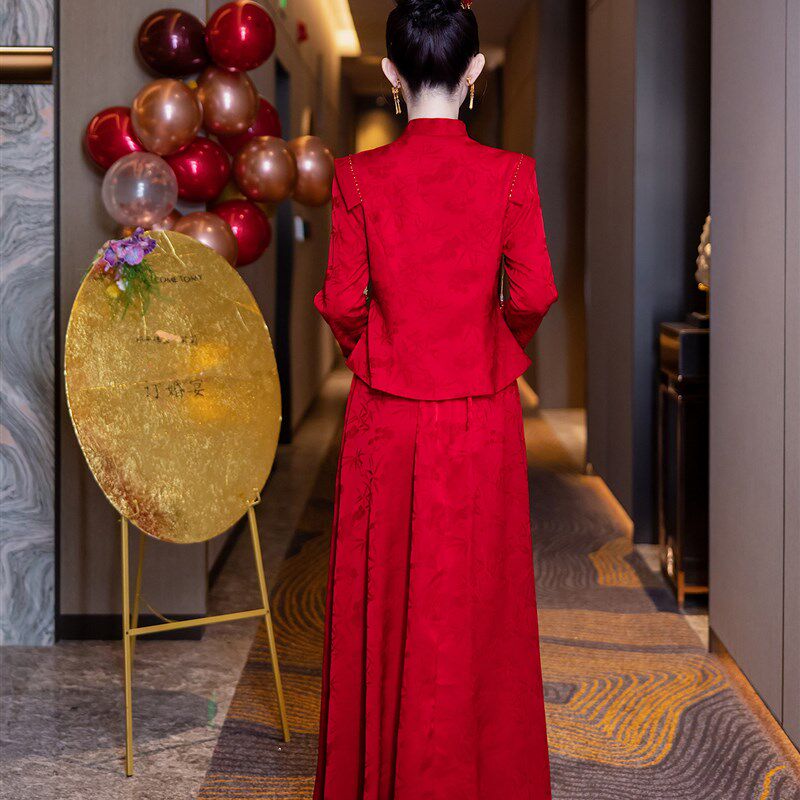 旗袍敬酒服2025秋冬季新款红色新中式两件套结婚订婚礼服裙女长袖