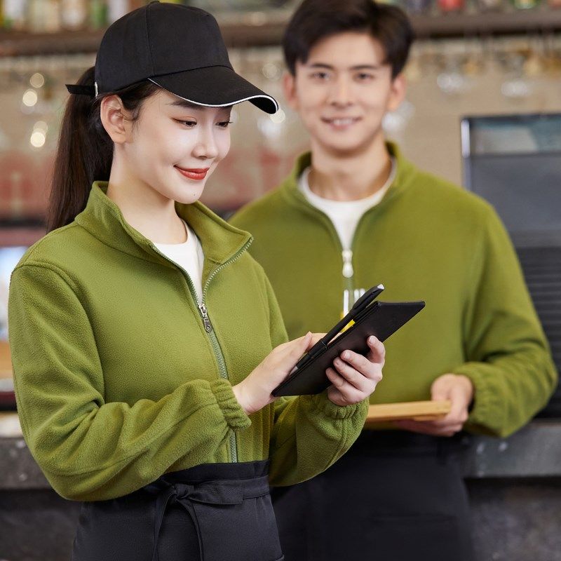 服务员工作服长袖双面绒卫衣烧烤火锅店食堂餐厅工作服外套秋冬装
