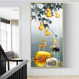 客厅过道挂画入户玄关镶钻晶瓷画竖版轻奢北欧装饰画葫芦五福临门