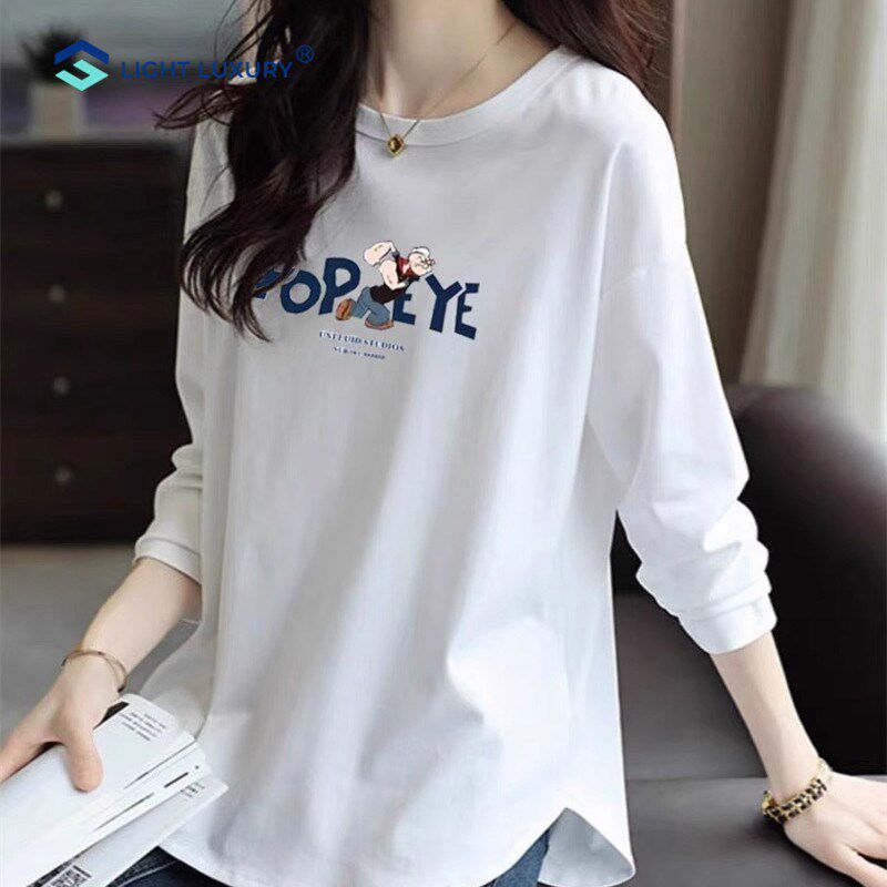 长袖t恤女纯棉白色2024春秋季新款中长设计感宽松舒适内搭打底衫