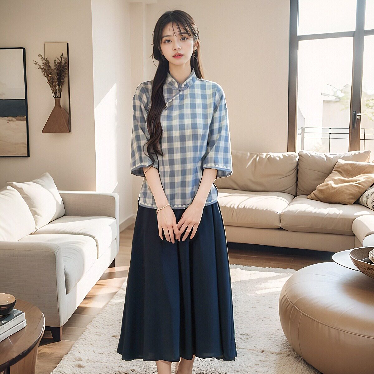 蓝色格子旗袍女小个子微胖新中式民国风女装学生装民国时期演出服