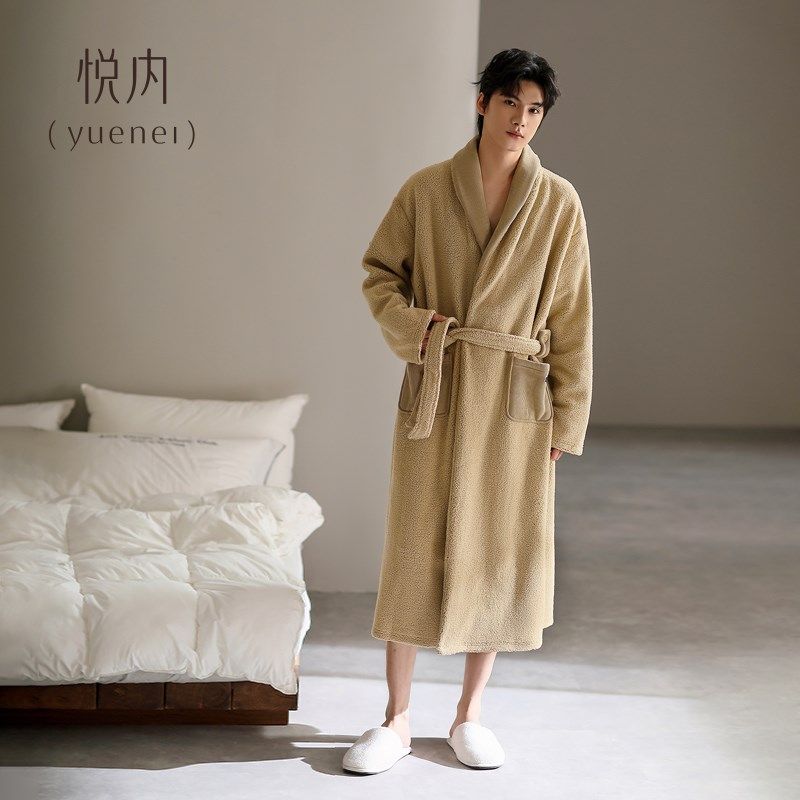 悦内睡袍男士睡衣秋冬季冬款珊瑚绒加绒加厚法兰绒长款浴袍家居服