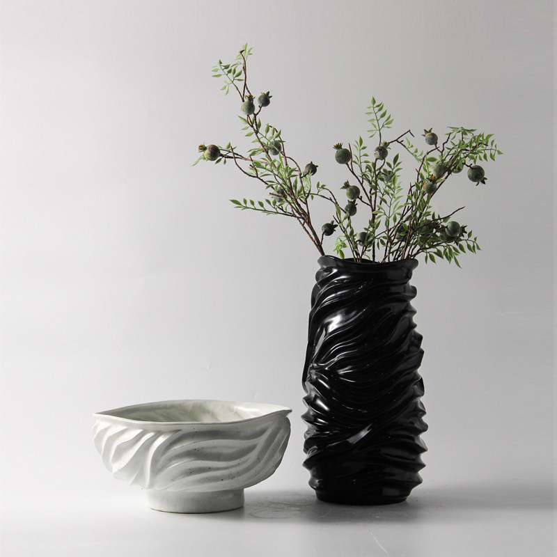 简约新中式水波纹花盆花器花插样板间家居工艺品花瓶软装饰品摆件