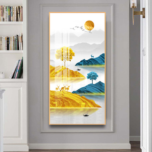 轻奢玄关晶瓷画风景招财挂画竖版大幅楼梯过道装饰画金属框无甲醛