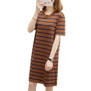 短袖宽身夏季长衫长装T恤桖裇丅群女土条纹纯棉遮臀中长款打底衫