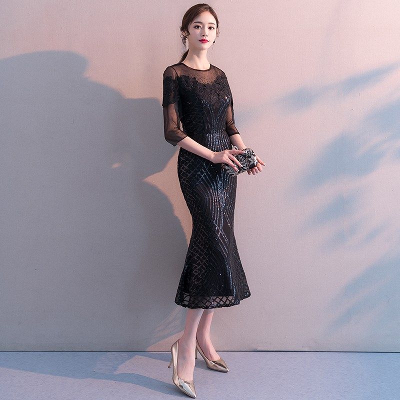 宴会小晚礼服裙女2024新款黑色中长款鱼尾气质名媛小个子平时可穿