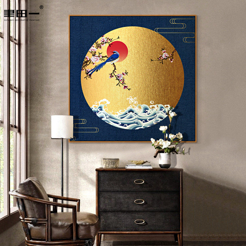古典新中式写意花鸟玄关装饰画过道样板房正方形挂画卧室床头墙画