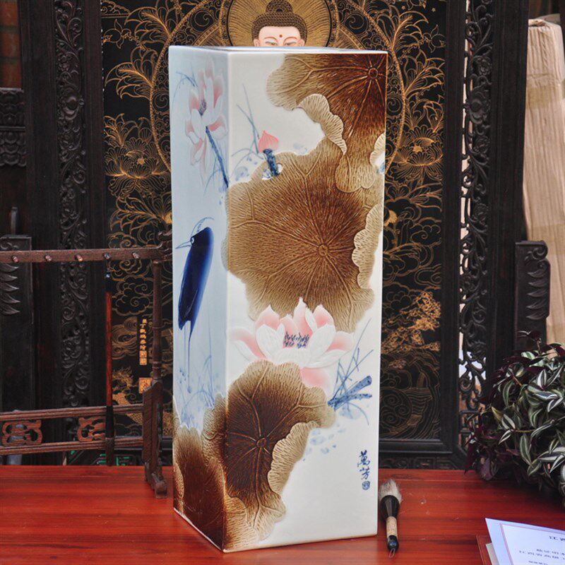 景德镇陶瓷器收藏花瓶插花器家居装饰品客厅四方镶器吴国军手绘