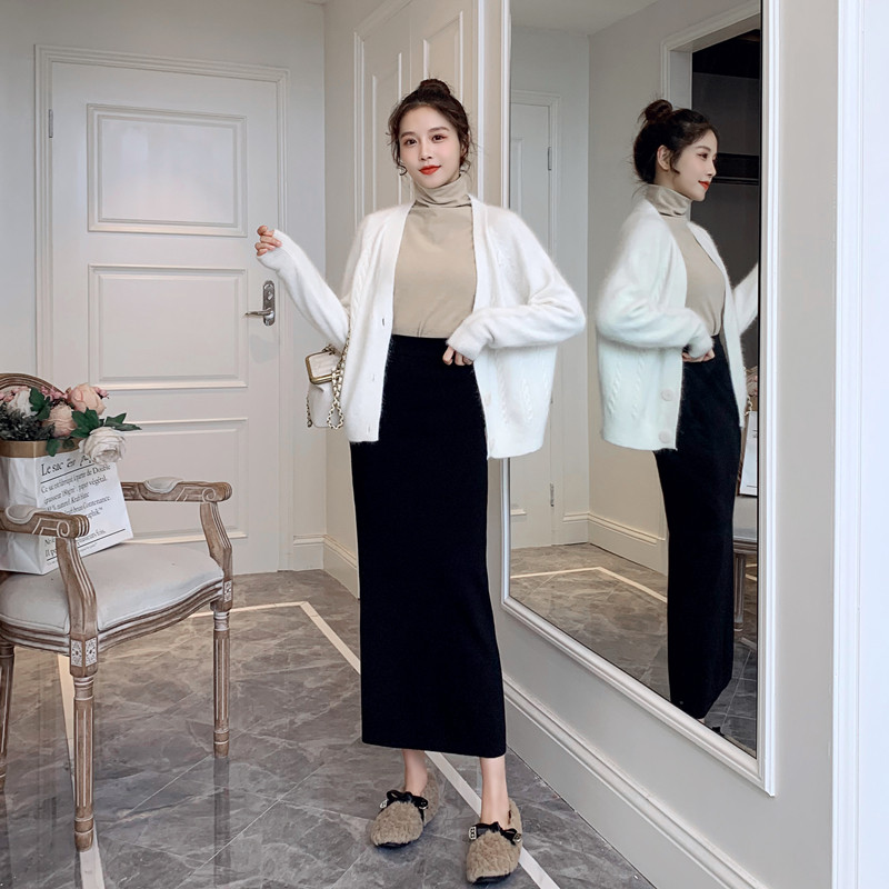 不开叉针织半身裙春秋女中长款超长包裙到脚踝直筒一步长裙高腰