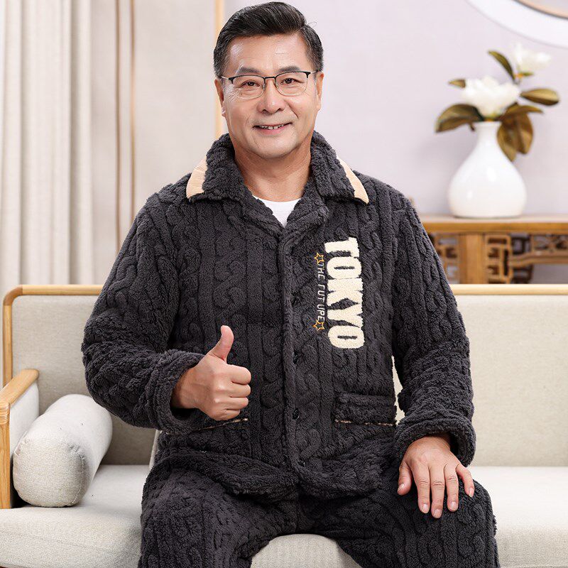 睡衣男士秋冬季加厚加绒珊瑚绒中老年人保暖爸爸家居服套装冬天款