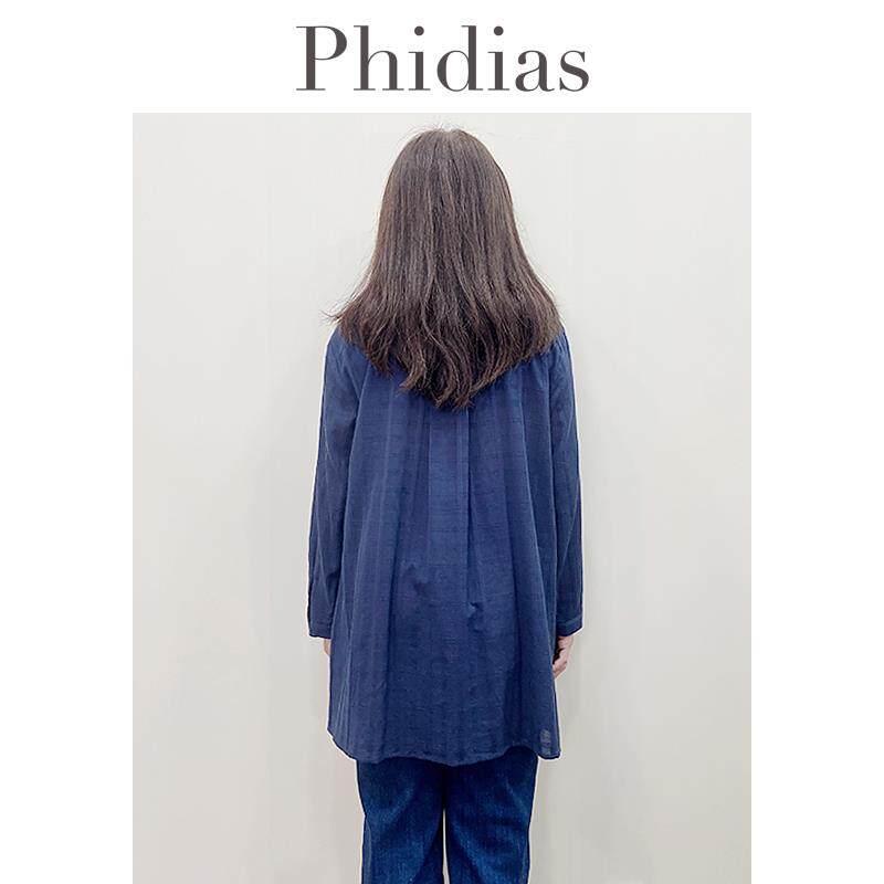 Phidias复古蓝色格子夏天薄款长袖遮肚衬衫2025年秋新款大码女装