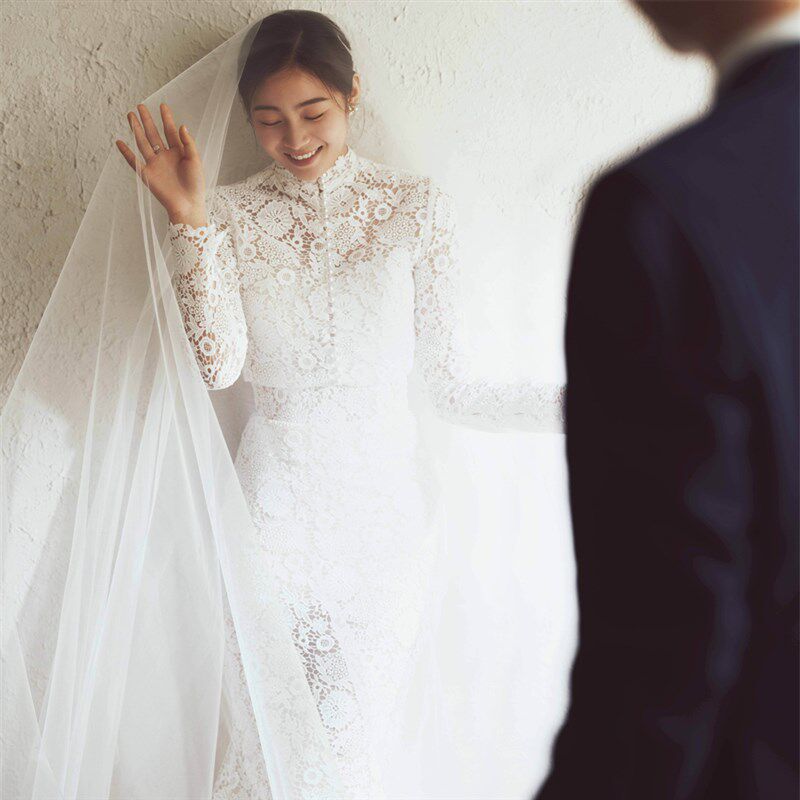 法式旅拍轻婚纱2024新款影楼室内主题服装新娘结婚蕾丝鱼尾礼服