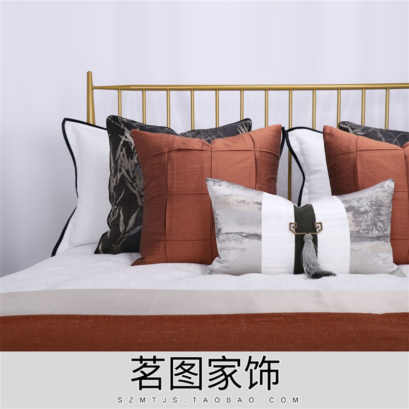 样板房家具展厅新中式床品套件红色抱枕靠包靠垫搭毯软装设计师款