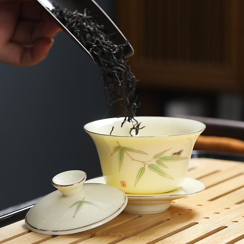 羊脂玉瓷盖碗宝石黄描金三才碗陶瓷手工贴花泡茶杯家用大容量茶碗