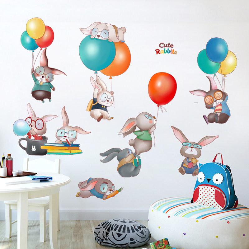 创意卡通动漫墙贴纸可爱呆萌兔子气球儿童房间墙壁装饰品自粘贴画,家居饰品,软装墙贴,淘宝优惠券,粉丝福利购,淘宝优惠卷