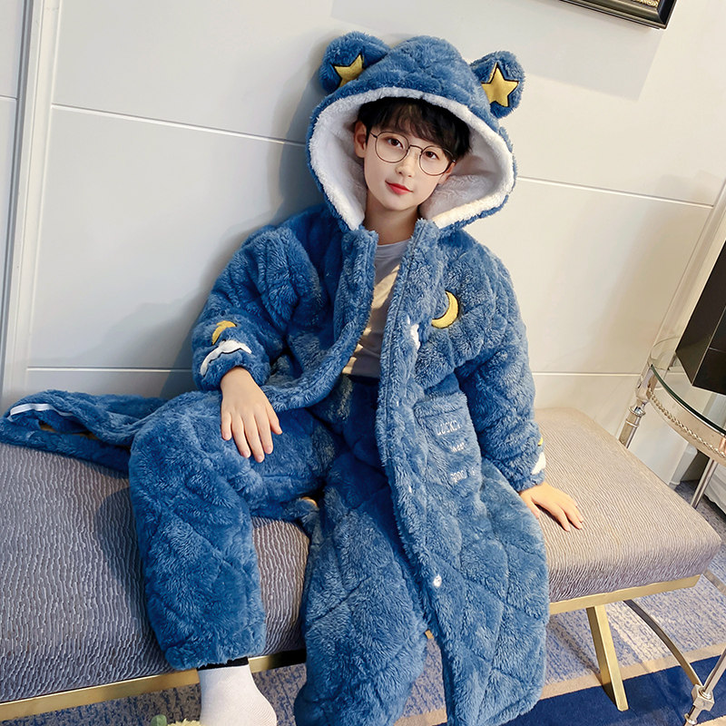 儿童睡衣冬季加厚款三层夹棉男童小孩珊瑚绒法兰绒月亮睡袍家居服