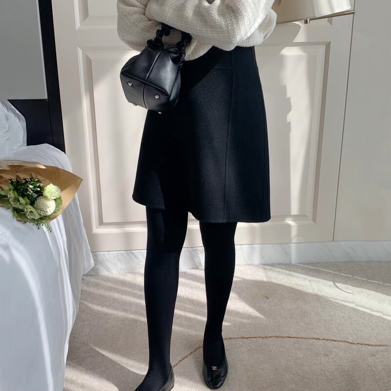 韩风高级感毛呢中裙女冬季梨形身材羊毛半身裙裤大码加厚a字短裙