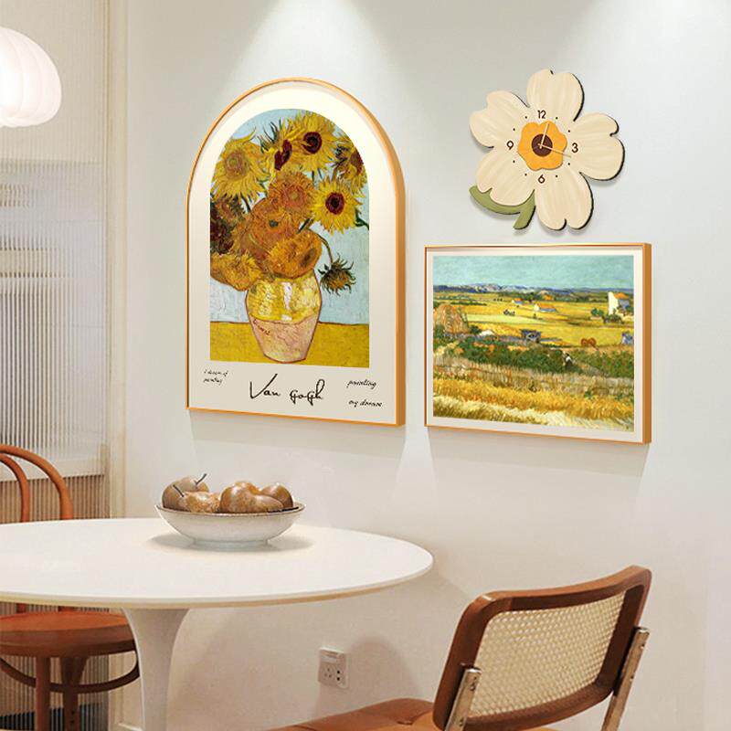 奶油风餐厅装饰画钟表挂钟客厅2026新款世界名画挂画梵高饭厅壁画
