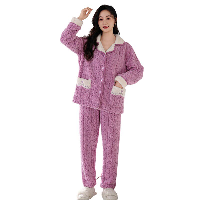 浪漫紫色珊瑚绒睡衣女加绒加厚保暖女士大码秋冬季冬天家居服套装