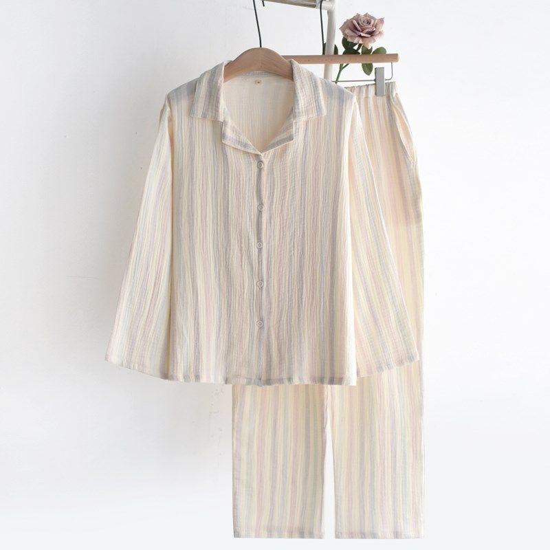 彩虹条简约睡衣女士春秋夏季纯棉纱布薄款宽松长袖开衫家居服套装,女士内衣/男士内衣/家居服,睡衣/家居服套装,淘宝优惠券,粉丝福利购,淘宝优惠卷