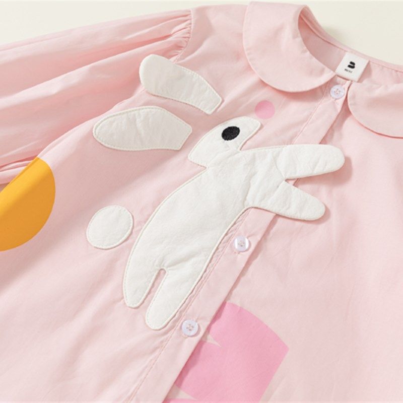 女童纯棉春秋装宝宝粉红色兔子翻领中长款衬衫儿童长袖连衣裙娃娃