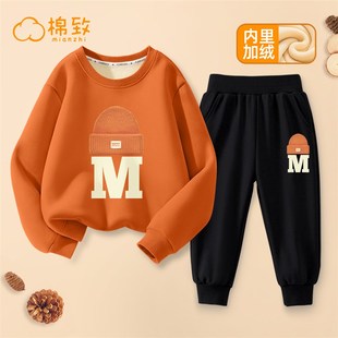 棉致男童冬季套装2023新款童装大童装裤子子儿童加绒卫衣秋冬保暖