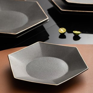 陶瓷黑色磨砂六角形盘子牛排餐盘家用商用轻奢高级感西餐餐盘摆盘