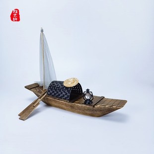 江南小木船摆件鱼缸可下水渔船帆船实木模型旅游纪念品礼物乌篷船