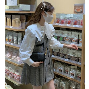 大码女装2024秋季胖mm时尚套装娃娃领衬衫+格纹百褶背心裙背带裙