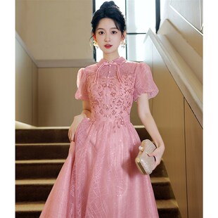 晚礼服女2024新款高级感轻奢小众高端法式年会新中式旗袍豆沙粉色