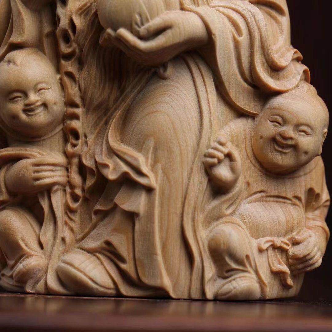 黄杨木雕白鹤仙鹿童子寿星神像实木手把件工艺品家居装饰摆件