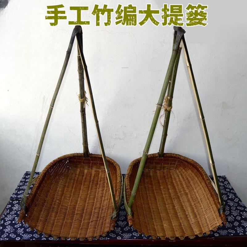 老式竹簸箕手工竹编有提手瓢箕大提篓竹篮做旧复古提篮道具摆件用图片