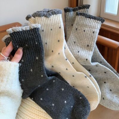 袜子女中筒棉袜秋冬季波点温柔花边佰搭长筒复古多巴胺宽口外穿