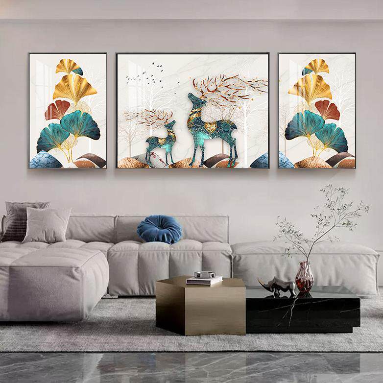 客厅装饰画三联画简约高级感轻奢沙发背景墙挂画福鹿银杏叶壁画