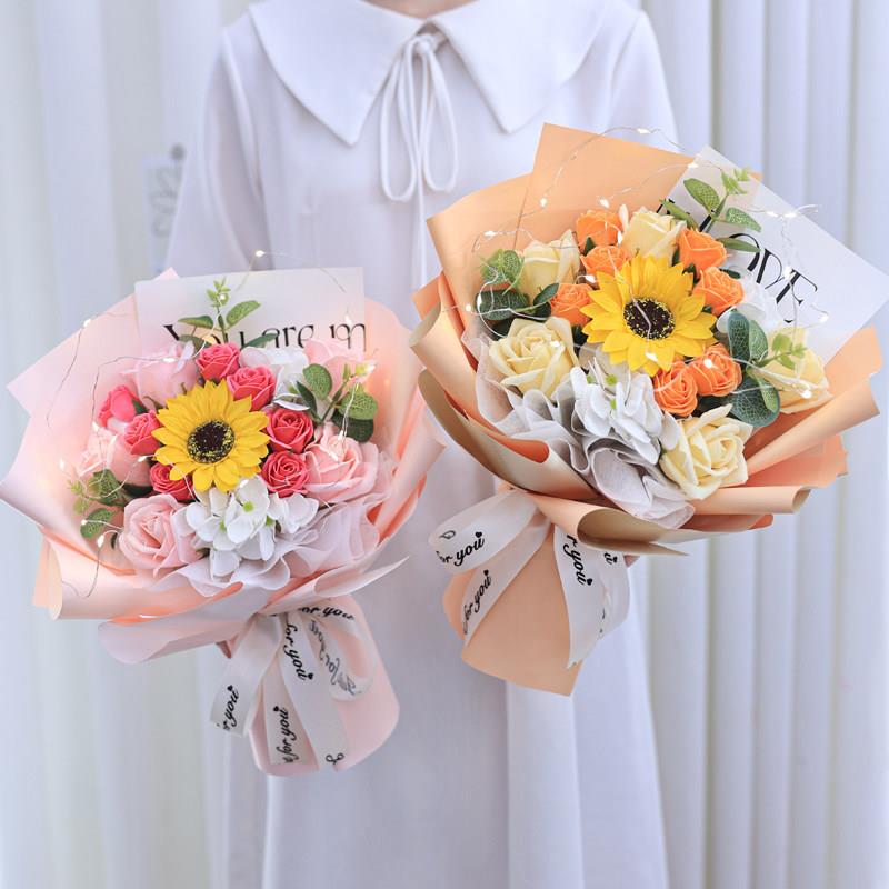 创意生日礼物仿真玫瑰向日葵花束混搭永生花成品手捧花送女生闺蜜