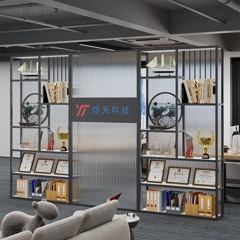 公司前台玻璃形象墙隔断置物架办公室展示架屏风隔断遮挡装饰架