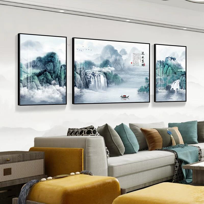 新中式挂画山水画客厅装饰画沙发背景墙上流水生财国画大气三联画