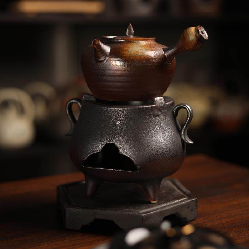 古铜色白泥炭炉围炉煮茶明火炉煮茶器陶瓷侧把壶茶壶中式碳炉设计