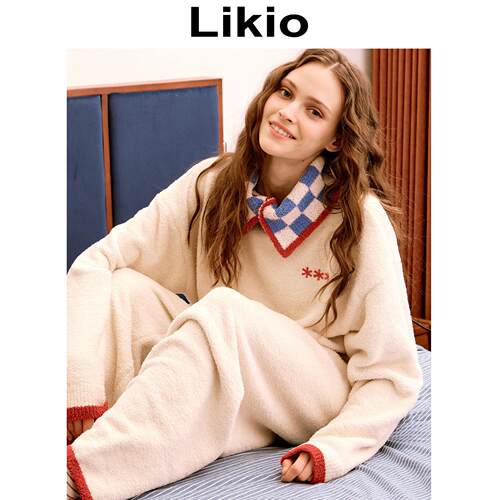 Likio 纽扣高领柔软多彩半边绒家居服套装 睡衣裤组合秋冬季厚款