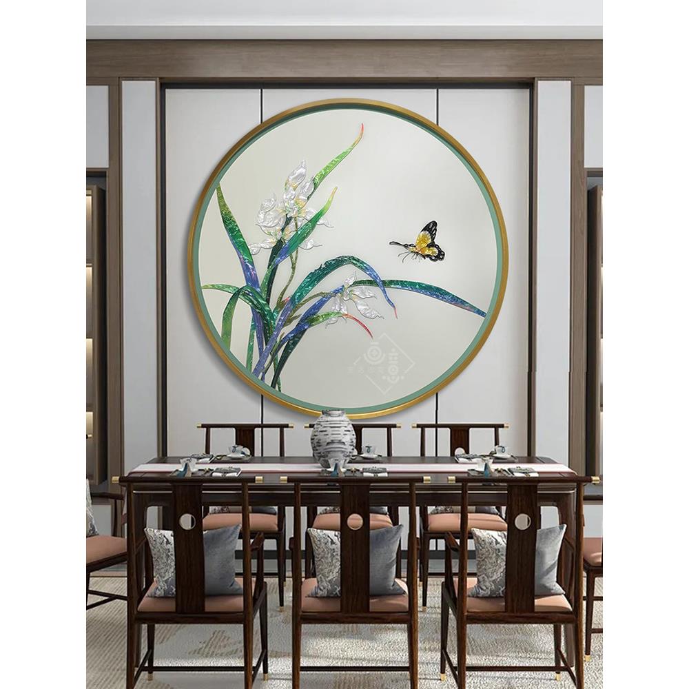 新中国风圆形珐琅挂画餐厅入口兰花壁画金属框架立体装饰画花朵绽