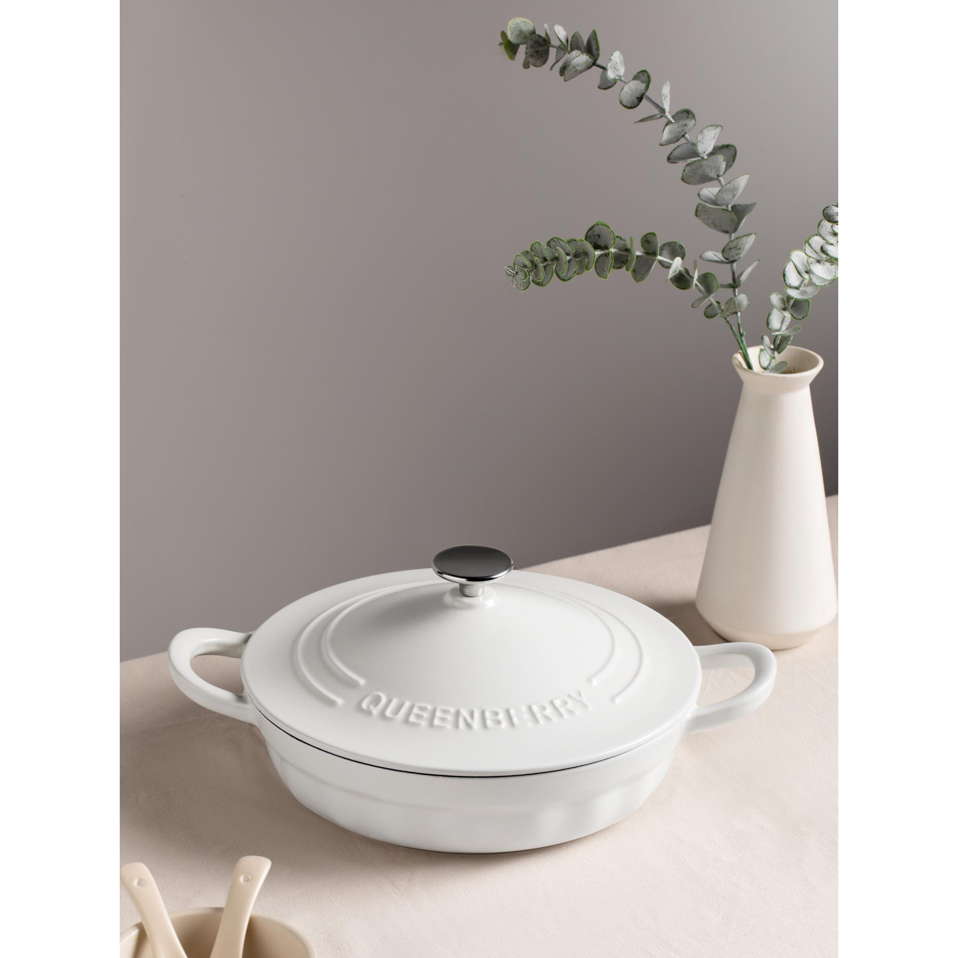 QUEENBERRY库白铸铁珐琅锅海鲜锅煎炸炖平底锅家用多功能火锅28cm