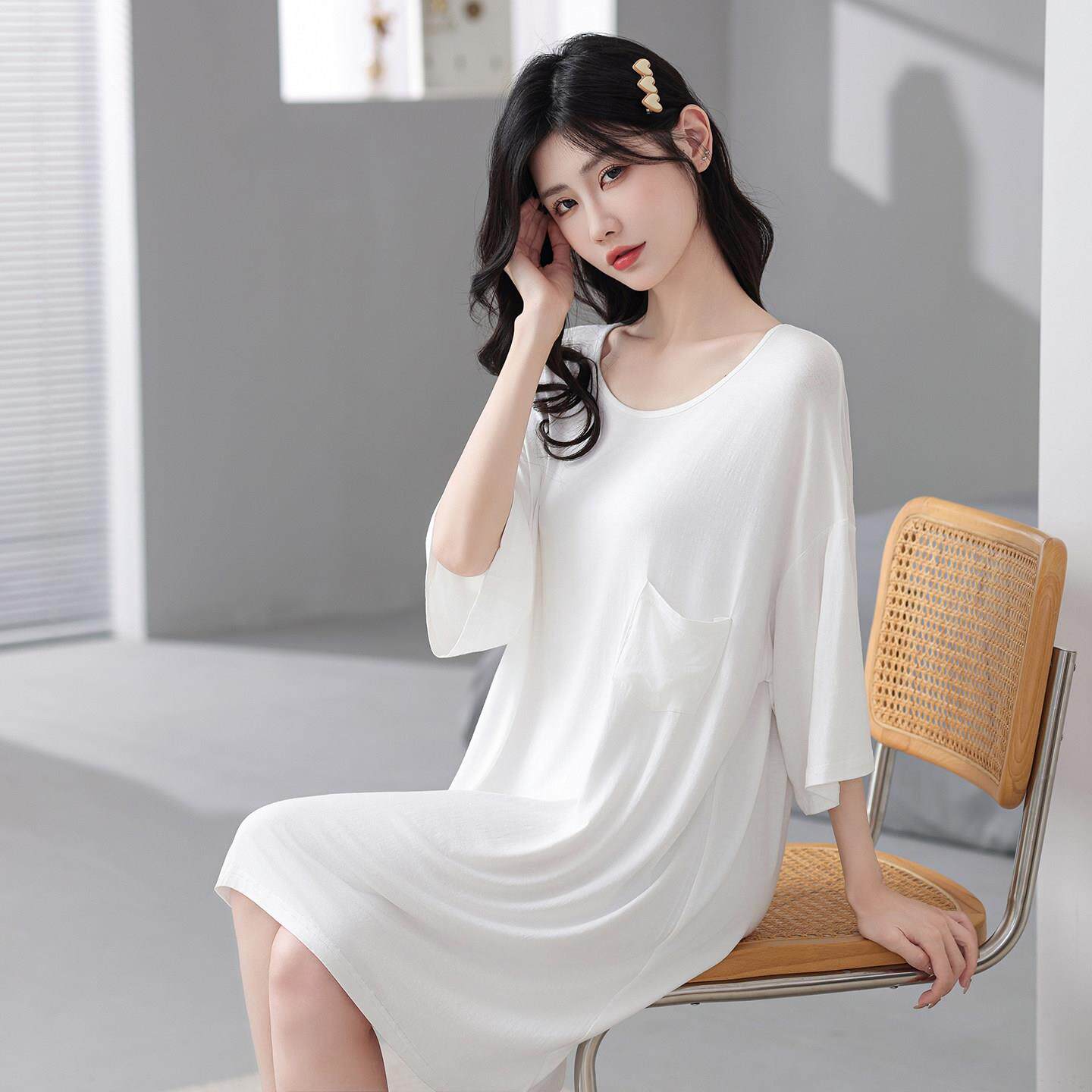 夏季睡裙女莫代尔棉薄款半袖宽松圆领T恤裙大尺码胖MM居家慵懒睡