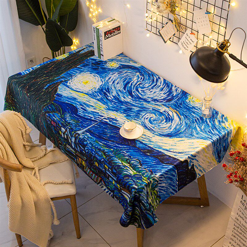 星空桌布梵高油画作品杏树向日葵地中海风格餐桌布书桌垫来图定制